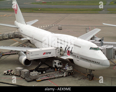 Catering & cargo loading onto a  747 aircraft of JAL. Norita airport  Tokyo Japan Stock Photo