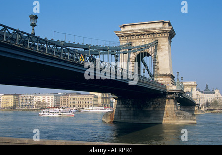 Chain Bridge, Szechenyi Lanchid, over the River Danube, Budapest, Hungary Stock Photo