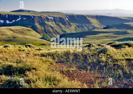 Grassy meadow in Steens Mountain with snow patches Oregon Stock Photo