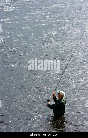 Angler fishing for salmon in in the River Moy, Ballina, County Mayo, Republic of Ireland Stock Photo