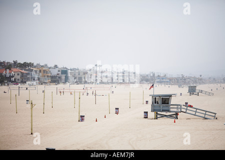 Vollyball Nets with Lifeguard Station in Manhattan Beach, Los Angeles County, California, USA Stock Photo