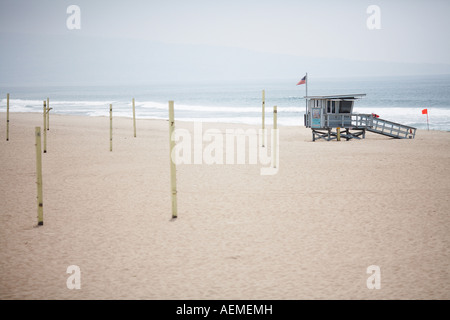 Lifeguard Station with Vollyball Nets on Beach in Manhattan Beach, Los Angeles County, California, USA Stock Photo