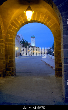 bab el minzah gate and clock tower at the avenue Oqba Ibn Nafiaa in the city of essaouira morocco africa Stock Photo