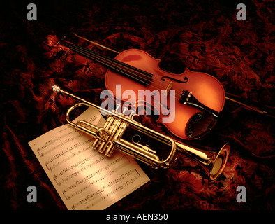 still life of musical instruments and sheet music Stock Photo