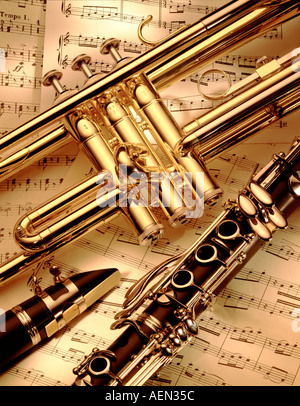 still life of musical instruments and sheet music Stock Photo