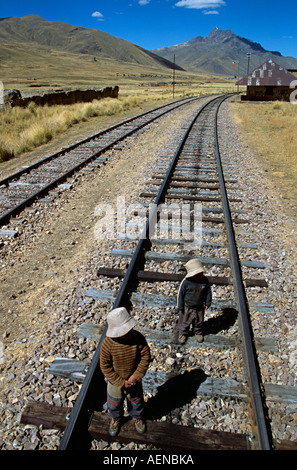 Children on railway track through the Andes mountain range, Puno to Cusco Perurail train journey, Peru Stock Photo