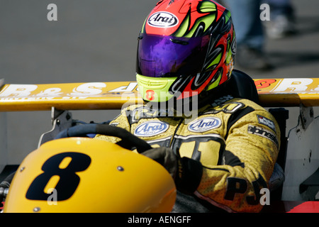 Gearbox 250 cc 250cc superkart kart driver geoff McBride at kirkistown racing circuit county down northern ireland Stock Photo