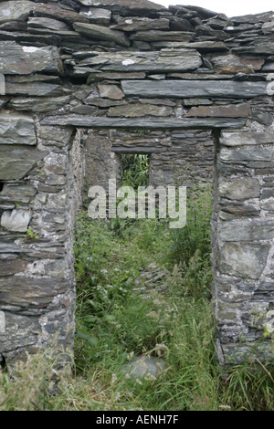 doorway in ruins of traditional manx house dwelling cregneash village IOM Stock Photo