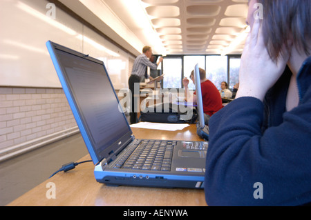 Students using laptop computers Law lecture Aberystwyth University Ceredigion west wales Stock Photo