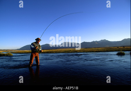 Model released man flyfishing the scenic and pristine Owens River in California Stock Photo