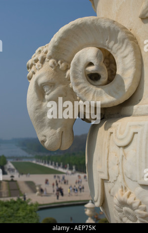 close up of ram on urn overlooking Versailles gardens France Stock Photo