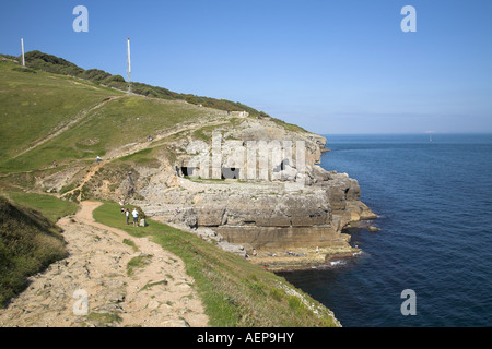 Tilly Whim caves is the most easterly quarry in a stretch of quarries that exist along cliffs of the southern Purbeck ridge. Stock Photo