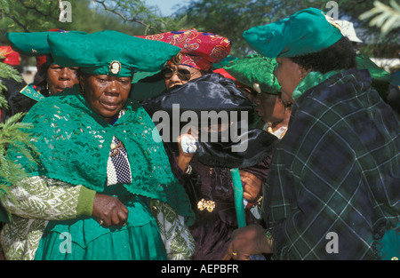 Namibia Okahandja, Women of Herero tribe in traditional clothing gathered at annual procession Stock Photo