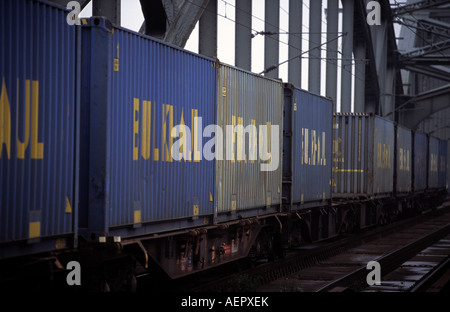 SBB cargo train, a subsidiary of Swiss Federal Railways crossing the river Rhine, Cologne, North Rhine Westphalia, Germany. Stock Photo