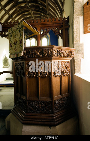UK Cornwall Boscastle Valency Valley St Juliots church Victorian carved wooden pulpit Stock Photo
