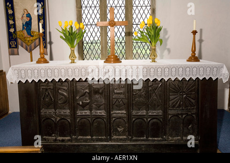 UK Cornwall Boscastle St Symphorians church altar made from ancient carved wooden pew ends