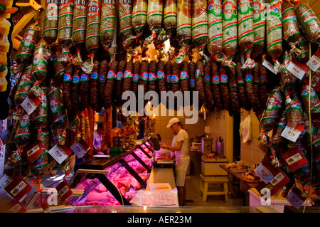 Sausage and meat stall at central market hall in Budapest Hungary EU Stock Photo