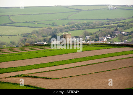 UK Cornwall Boscastle Forrabury Common St Symphorians church beyond the stitches ancient strip field system