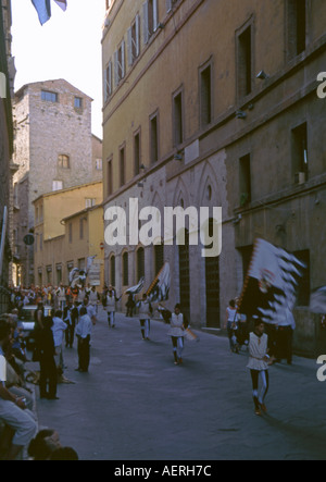 Colorful Street Parade of Flag Throwers & Drum Players in Medieval Costumes Palio Siena Tuscany Toscana Central Italy Europe Stock Photo