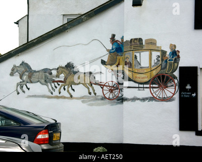 Coach and Horses mural on the wall of The Old Wainhouse Inn, St Gennys, North Cornwall, Kernow, England, UK, Stock Photo