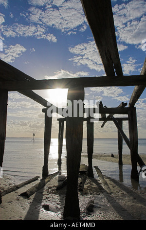 The remains of the derelict McKenzies Jetty at Kingfisher Bay Fraser Island Queensland Australia Stock Photo
