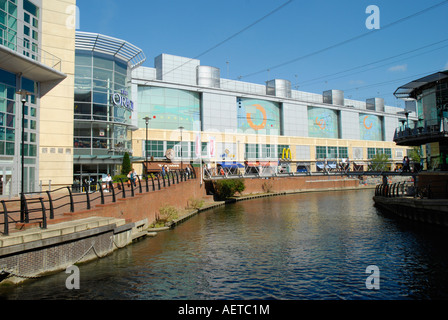 View of the Oracle Shopping Centre looking East along the Kennet and Avon Canal Reading Berkshire England Stock Photo