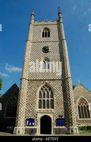 Front view of Reading Minster Church of St Mary the Virgin showing clock tower Reading Berkshire England Stock Photo