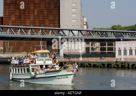 The vessel Euskal Herria on river Nervion, Puente Euskalduna and Euskalduna Palace in background Bilbao Stock Photo