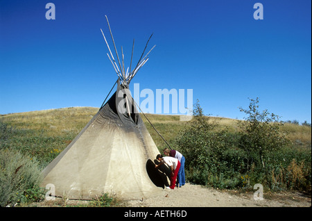 Canada,Canadian,North America,American,Plains,Saskatchewan Province,Saskatoon,Wanuskewan Native Heritage Park,Cree Nation tepee,visitor,prairie,visito Stock Photo