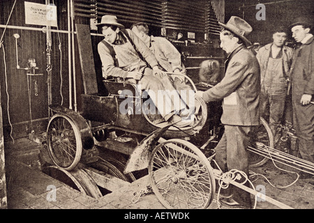 Student driver learning how to start and reverse on an auto school machine New York City 1906. Halftone of a photograph Stock Photo