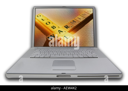 LAP TOP COMPUTER WITH SCRABBLE LETTERS ON SCREEN SPELLING WORDS GLOBAL WARMING Stock Photo