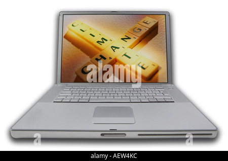 LAP TOP COMPUTER WITH SCRABBLE LETTERS ON SCREEN SPELLING WORDS CLIMATE CHANGE Stock Photo