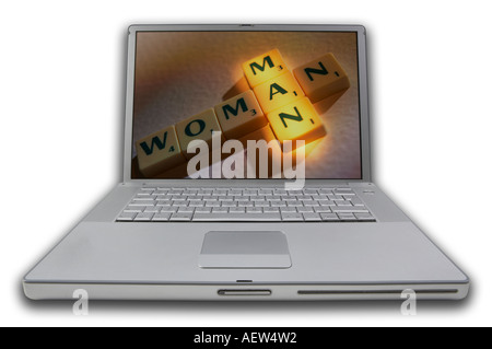 LAP TOP COMPUTER WITH SCRABBLE LETTERS ON SCREEN SPELLING WORDS MAN WOMAN Stock Photo