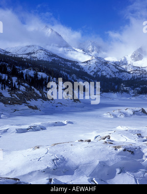South lake covered in snow and ice during winter, Sierra Nevada mountains, California