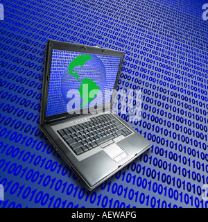 Open laptop computer over binary code Stock Photo