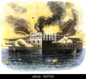 Confederate bombardment of Fort Sumter in Charleston  harbor April 1861. Hand-colored engraving Stock Photo