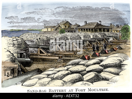 Sandbags at Fort Moultrie protecting artillery aimed at Fort Sumter on the eve of the American Civil War. Hand-colored woodcut Stock Photo
