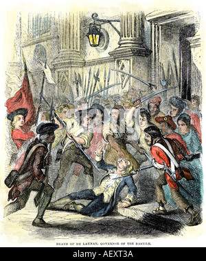 Death of De Launay governor of the Bastille at the hands of a mob in the French Revolution 1789. Hand-colored woodcut