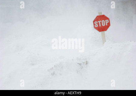 Stop sign in snow bank Stock Photo