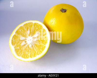 Mosambi , Two yellow color sweet lime fruit , sweet lemon , one whole and one cut Stock Photo
