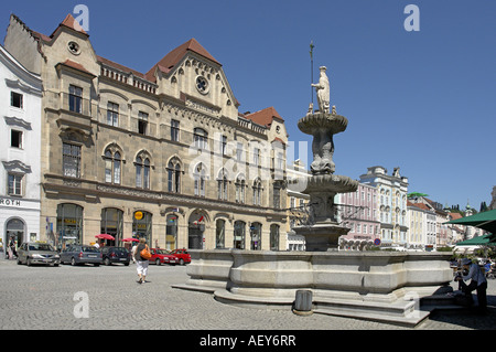 Stadtplatz in centre of Steyr Austria with statue Stock Photo