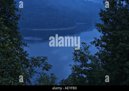 Dawn view of Klang Gates dam from Bukit Tabur quartz rock ridge Stock Photo