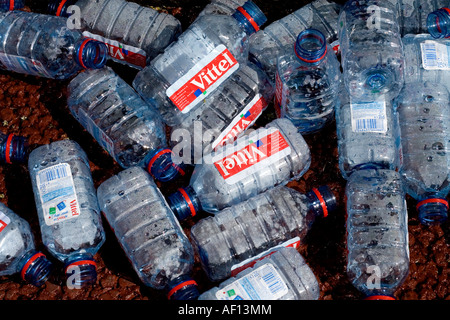 Water bottles left by the side of the road during the London Marathon. Stock Photo