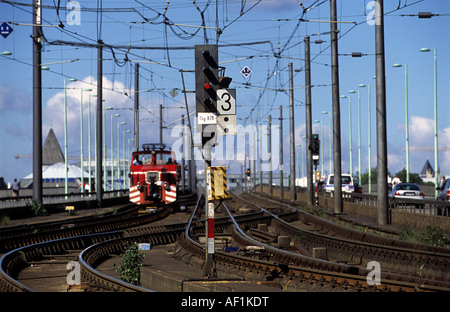 Maintenance train running on the light urban railway system in Cologne, North Rhine Westphalia, Germany. Stock Photo