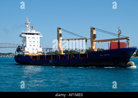 Ocean going freighter BBC Japan heads down the St Clair River Stock Photo