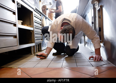 Food quality control Inspector checks a Turkish snack bar Stock Photo