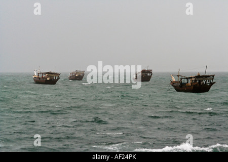 Dhows Moored off Coast During Kharif Salalah Southern Oman Stock Photo