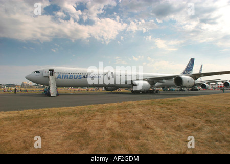 Airbus A340 600 long range four engined commercial passenger airliner. Farnborough, England, UK. Stock Photo