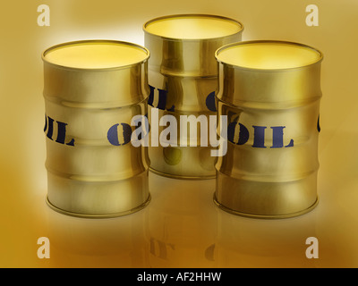 3d concept illustration of 3 oil barrels with a nice reflection Stock Photo