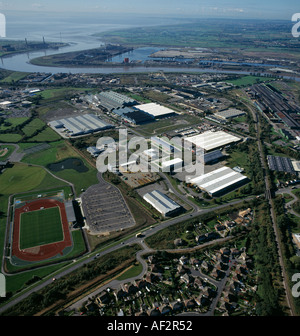 AERIAL VIEW OF RIVER USK AND INDUSTRIAL AREA NEWPORT SOUTH WALES UK Stock Photo
